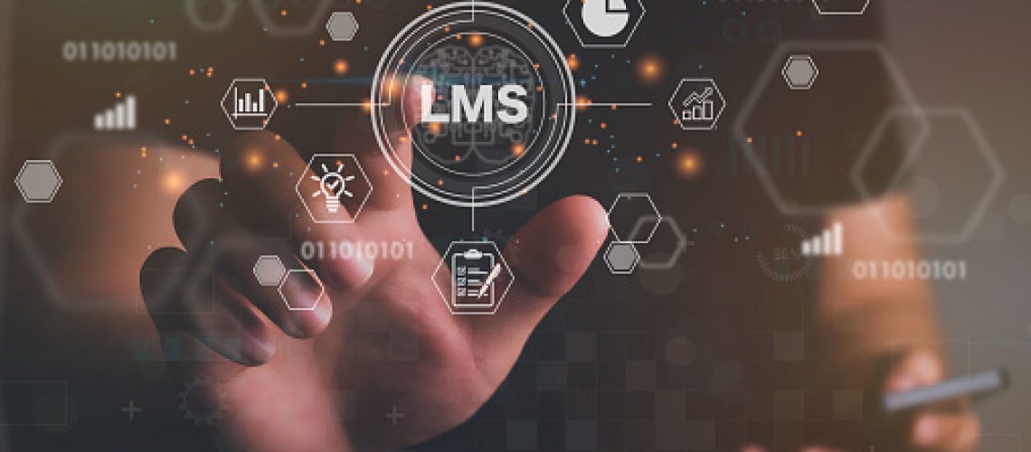 Man hand touching virtual screen to  LMS - Learning Management System web icon for lesson and online education, course, application, study, e learning, knowledge everywhere and every time.